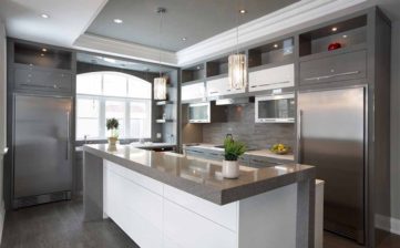 Interior of modern luxury kitchen in North American private residence.