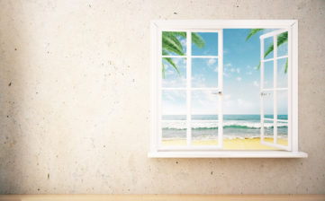 Window with beach view in interior with blank concrete wall and wooden floor. Mock up, 3D Rendering